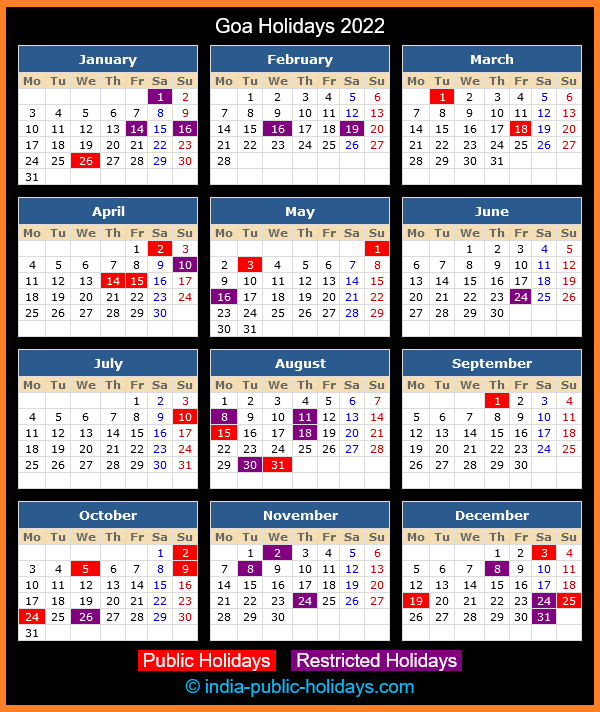 Goa Holiday Calendar 2022